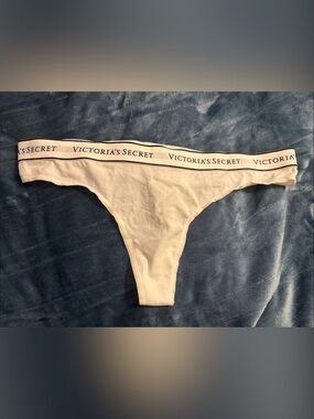 Victoria's Secret White Cotton Thong with Logo Waistband - White